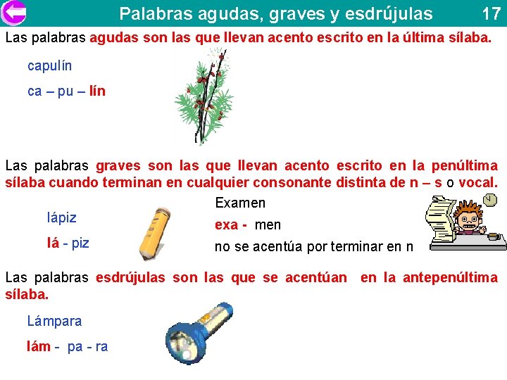 Palabras agudas, graves y esdrújulas 17 Las palabras agudas son las que llevan acento