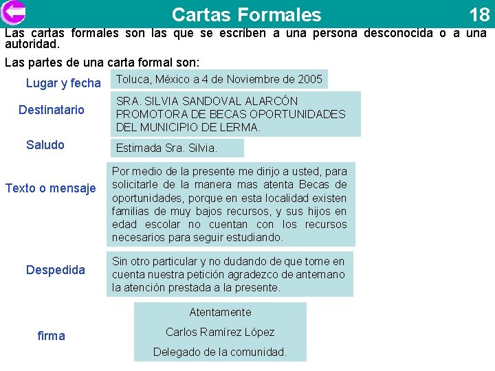 Cartas Formales 18 Las cartas formales son las que se escriben a una persona