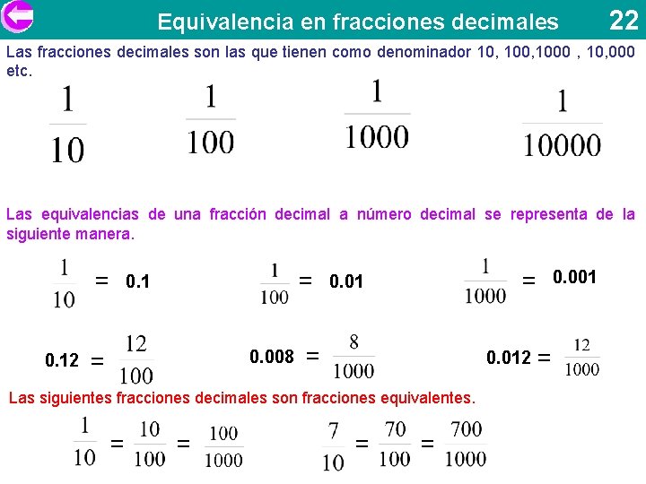 Equivalencia en fracciones decimales 22 Las fracciones decimales son las que tienen como denominador