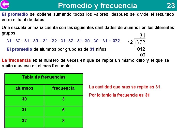 Promedio y frecuencia 23 El promedio se obtiene sumando todos los valores, después se