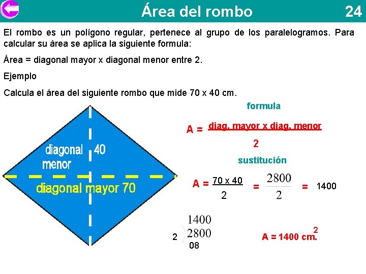 Área del rombo 24 El rombo es un polígono regular, pertenece al grupo de