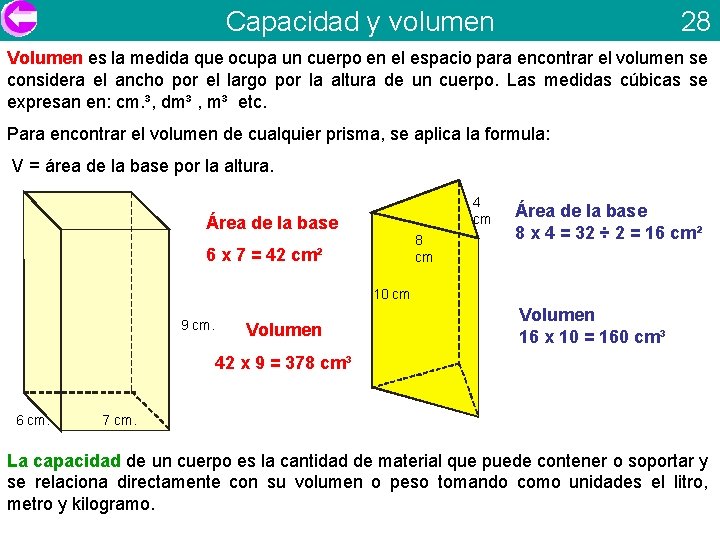 Capacidad y volumen 28 Volumen es la medida que ocupa un cuerpo en el