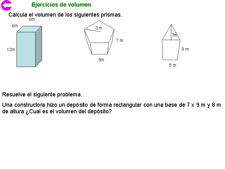 Ejercicios de volumen Calcula el volumen de los siguientes prismas. 6 m 6 m