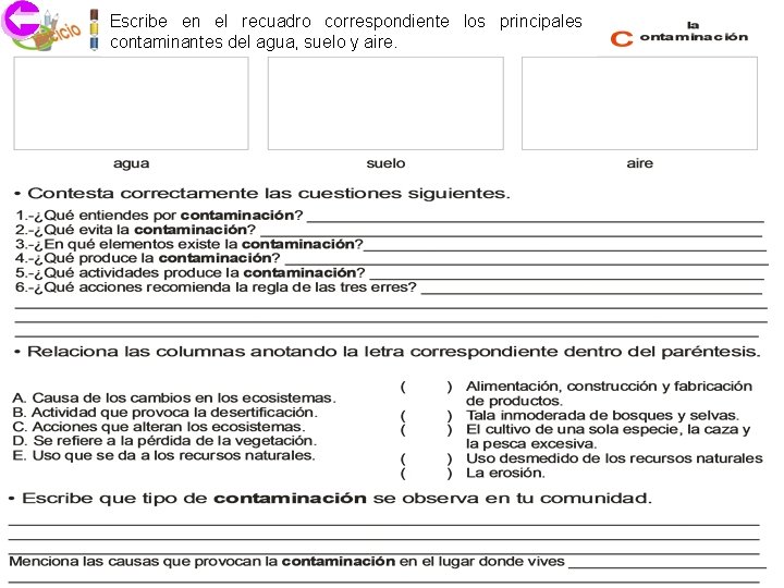 Escribe en el recuadro correspondiente los principales contaminantes del agua, suelo y aire. 