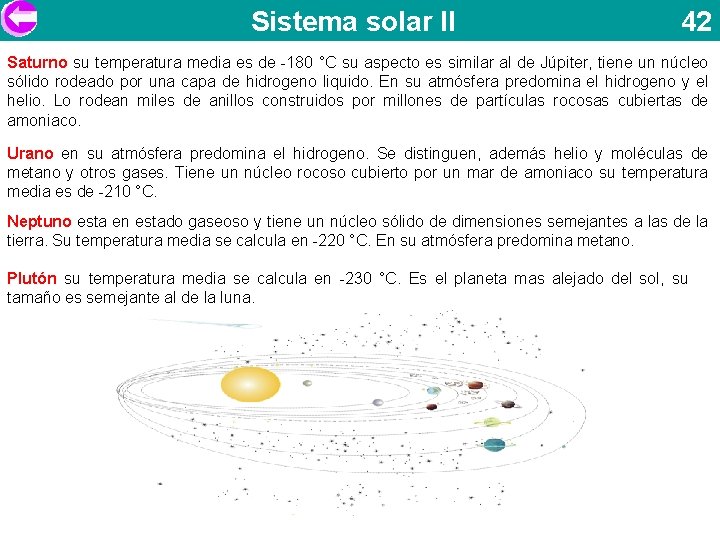 Sistema solar II 42 Saturno su temperatura media es de -180 °C su aspecto