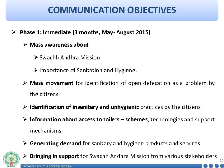 COMMUNICATION OBJECTIVES Ø Phase 1: Immediate (3 months, May- August 2015) Ø Mass awareness