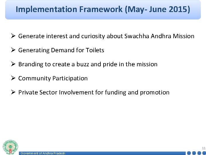 Implementation Framework (May- June 2015) Ø Generate interest and curiosity about Swachha Andhra Mission