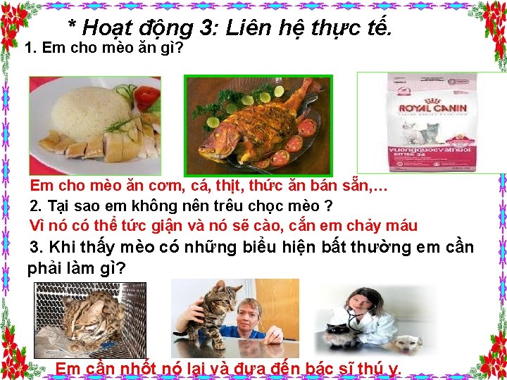 * Hoạt động 3: Liên hệ thực tế. 1. Em cho mèo ăn gì?