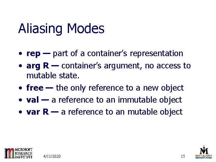Aliasing Modes • rep — part of a container’s representation • arg R —