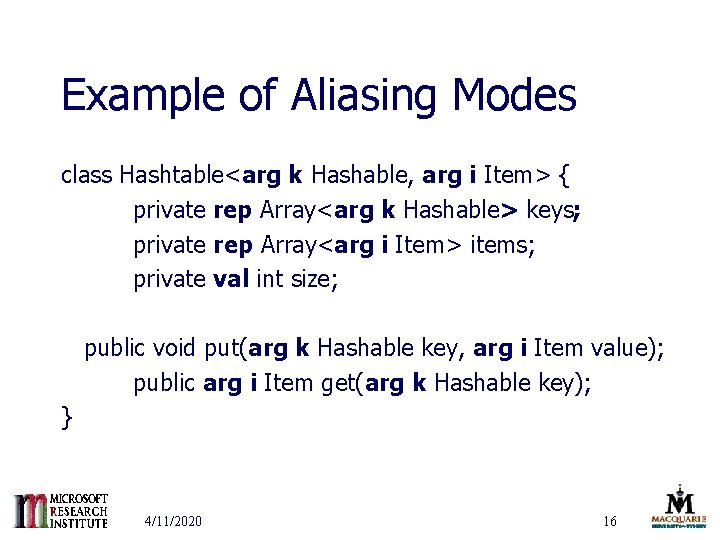 Example of Aliasing Modes class Hashtable<arg k Hashable, arg i Item> { private rep