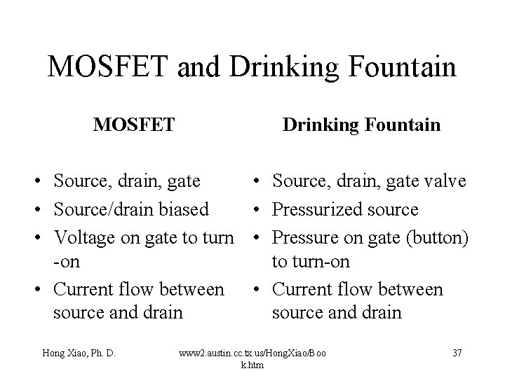 MOSFET and Drinking Fountain MOSFET Drinking Fountain • Source, drain, gate • Source/drain biased