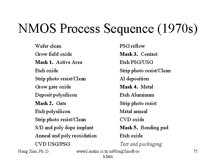 NMOS Process Sequence (1970 s) Wafer clean PSG reflow Grow field oxide Mask 3.