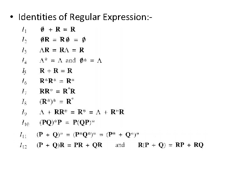  • Identities of Regular Expression: - 