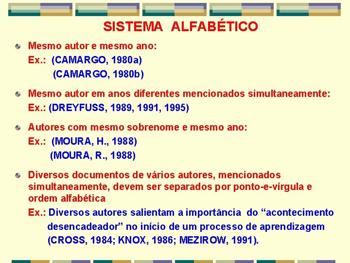 SISTEMA ALFABÉTICO Mesmo autor e mesmo ano: Ex. : (CAMARGO, 1980 a) (CAMARGO, 1980