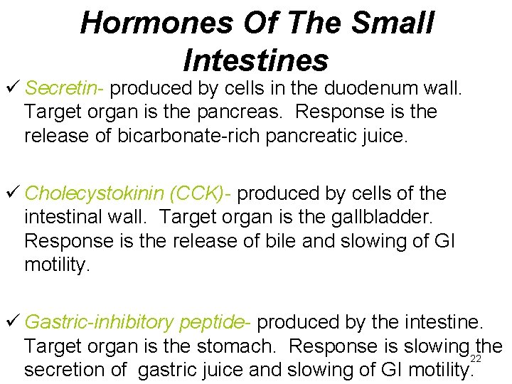 Hormones Of The Small Intestines ü Secretin- produced by cells in the duodenum wall.