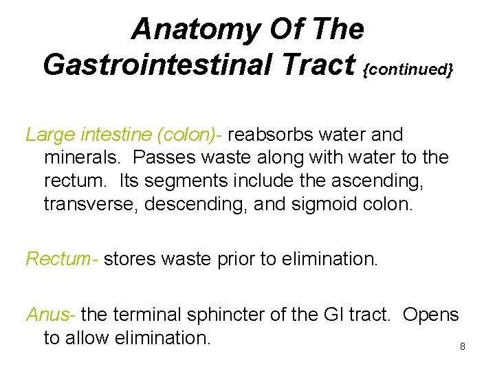 Anatomy Of The Gastrointestinal Tract {continued} Large intestine (colon)- reabsorbs water and minerals. Passes