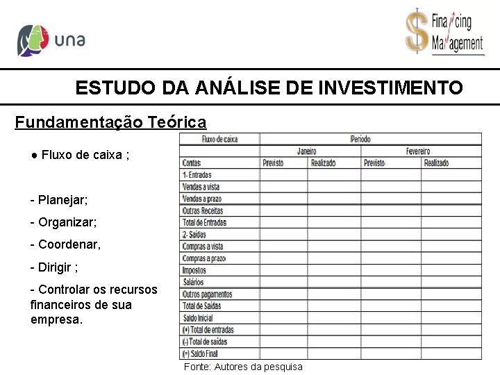 ESTUDO DA ANÁLISE DE INVESTIMENTO Fundamentação Teórica ● Fluxo de caixa ; - Planejar;