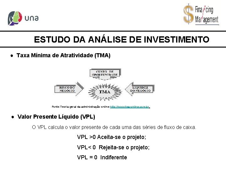ESTUDO DA ANÁLISE DE INVESTIMENTO ● Taxa Mínima de Atratividade (TMA) Fonte: Teoria geral