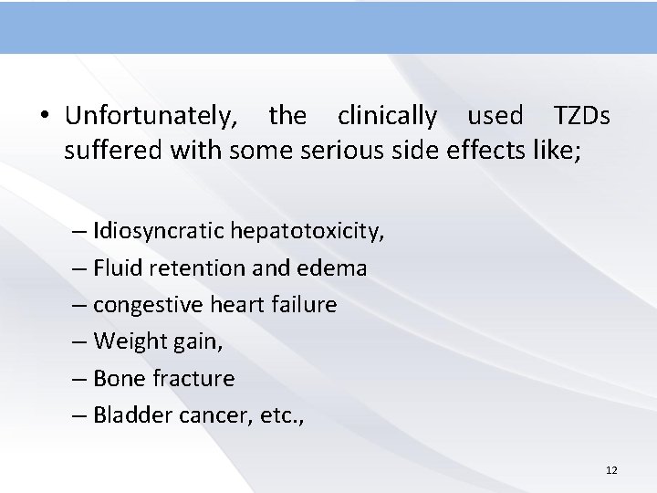  • Unfortunately, the clinically used TZDs suffered with some serious side effects like;