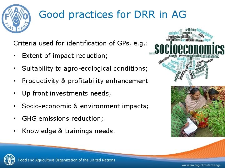 Good practices for DRR in AG Criteria used for identification of GPs, e. g.