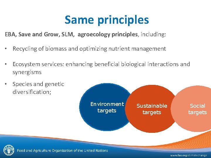 Same principles EBA, Save and Grow, SLM, agroecology principles, including: • Recycling of biomass