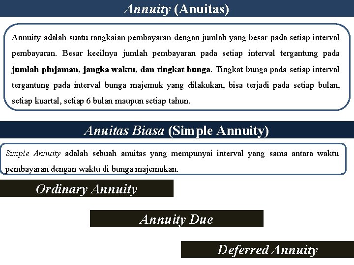 Annuity (Anuitas) Annuity adalah suatu rangkaian pembayaran dengan jumlah yang besar pada setiap interval