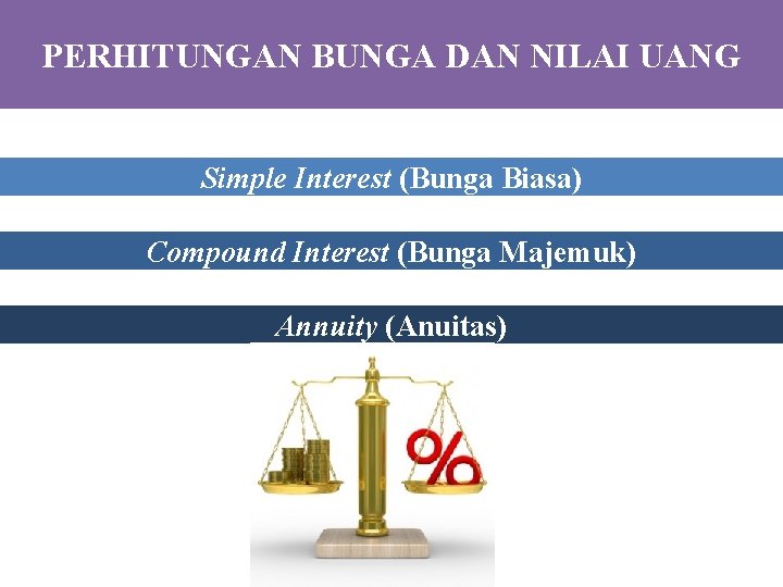 PERHITUNGAN BUNGA DAN NILAI UANG Simple Interest (Bunga Biasa) Compound Interest (Bunga Majemuk) Annuity