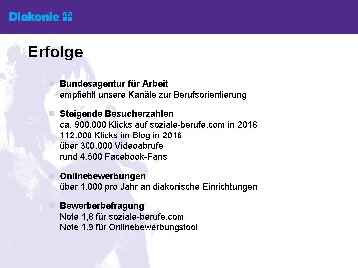 Erfolge n Bundesagentur für Arbeit empfiehlt unsere Kanäle zur Berufsorientierung n Steigende Besucherzahlen ca.