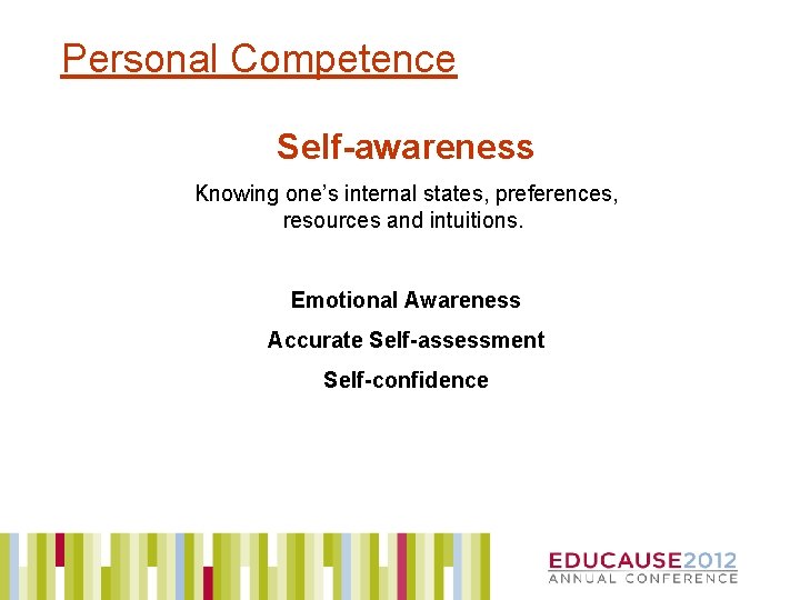 Personal Competence Self-awareness Knowing one’s internal states, preferences, resources and intuitions. Emotional Awareness Accurate