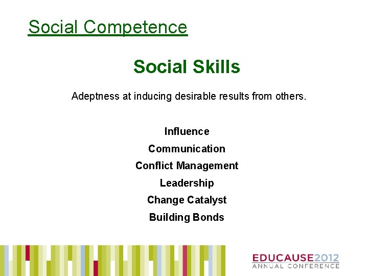 Social Competence Social Skills Adeptness at inducing desirable results from others. Influence Communication Conflict