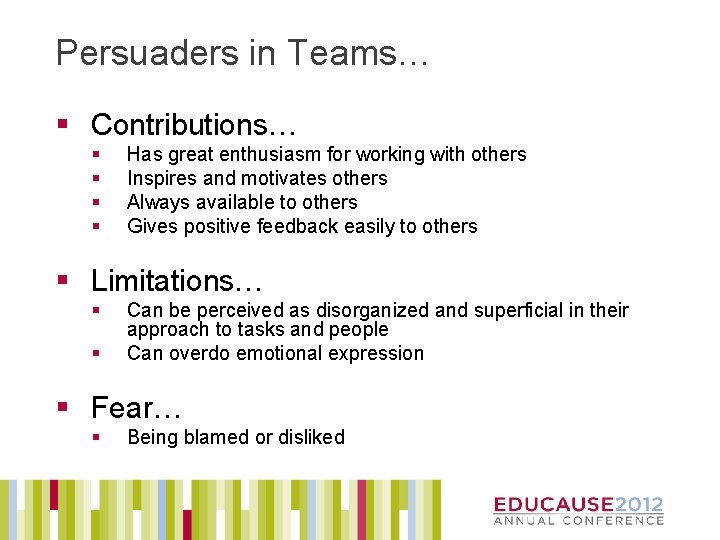 Persuaders in Teams… § Contributions… § § Has great enthusiasm for working with others