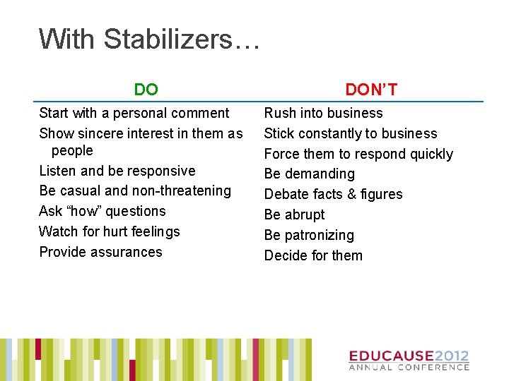 With Stabilizers… DO Start with a personal comment Show sincere interest in them as