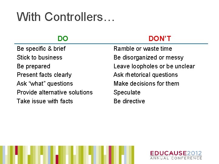 With Controllers… DO Be specific & brief Stick to business Be prepared Present facts
