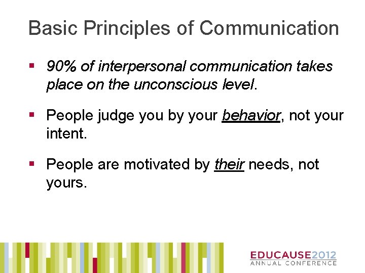 Basic Principles of Communication § 90% of interpersonal communication takes place on the unconscious