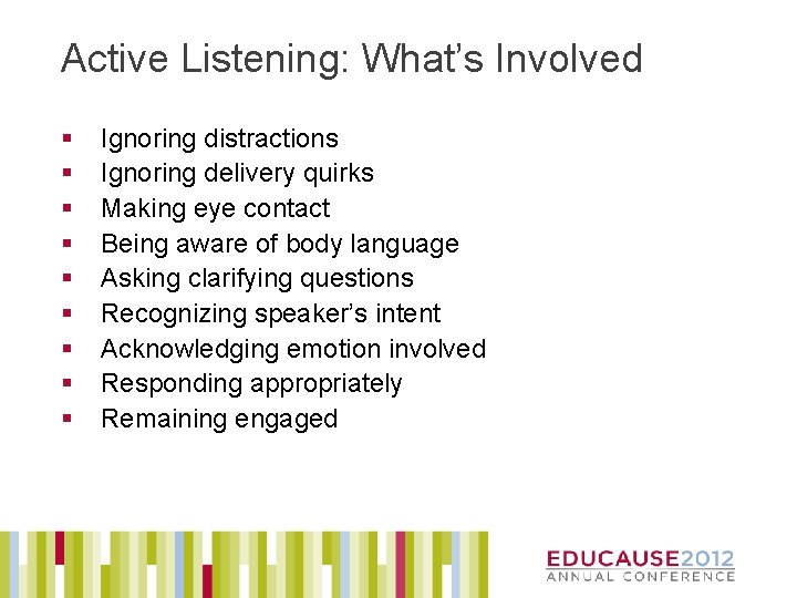 Active Listening: What’s Involved § § § § § Ignoring distractions Ignoring delivery quirks