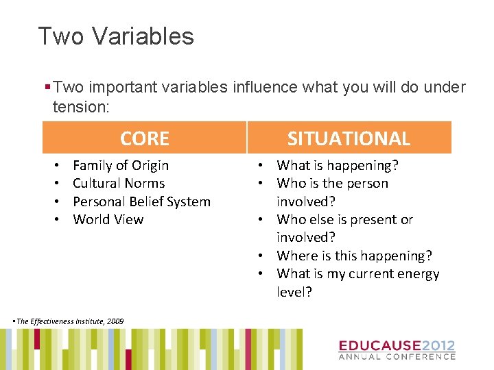 Two Variables § Two important variables influence what you will do under tension: •