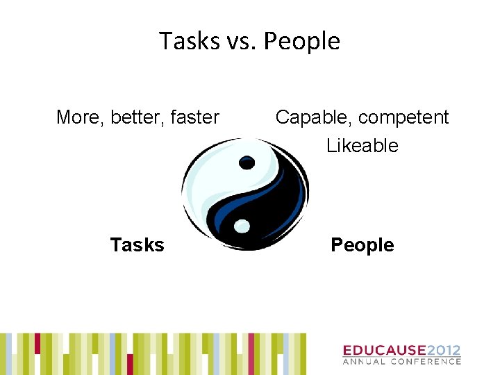 Tasks vs. People More, better, faster Capable, competent Likeable Tasks People 