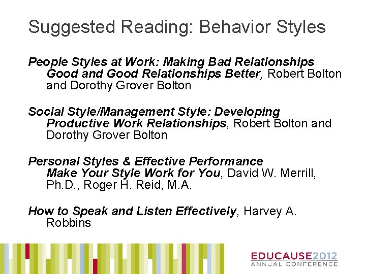 Suggested Reading: Behavior Styles People Styles at Work: Making Bad Relationships Good and Good
