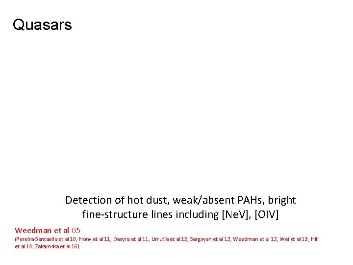 Quasars Detection of hot dust, weak/absent PAHs, bright fine-structure lines including [Ne. V], [OIV]