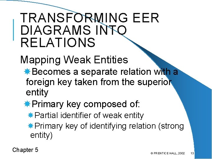 TRANSFORMING EER DIAGRAMS INTO RELATIONS Mapping Weak Entities Becomes a separate relation with a