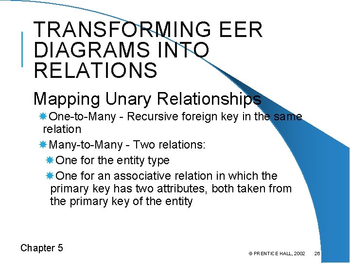 TRANSFORMING EER DIAGRAMS INTO RELATIONS Mapping Unary Relationships One-to-Many - Recursive foreign key in