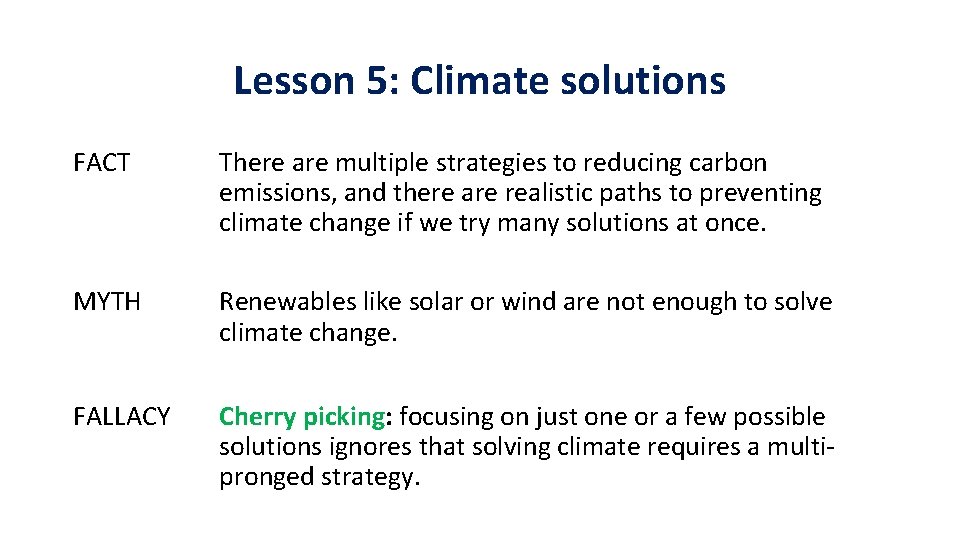 Lesson 5: Climate solutions FACT There are multiple strategies to reducing carbon emissions, and