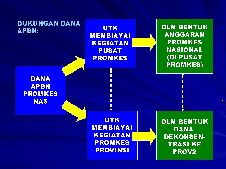 DUKUNGAN DANA APBN: UTK MEMBIAYAI KEGIATAN PUSAT PROMKES DLM BENTUK ANGGARAN PROMKES NASIONAL (DI