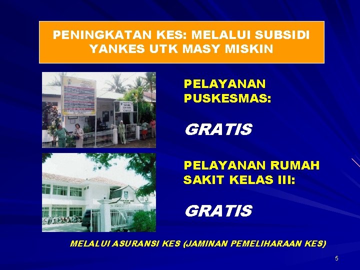 PENINGKATAN KES: MELALUI SUBSIDI YANKES UTK MASY MISKIN PELAYANAN PUSKESMAS: GRATIS PELAYANAN RUMAH SAKIT