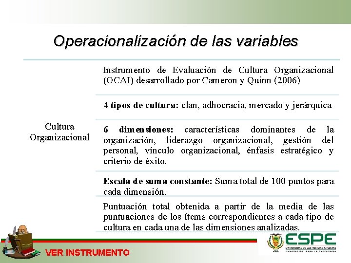 Operacionalización de las variables Instrumento de Evaluación de Cultura Organizacional (OCAI) desarrollado por Cameron
