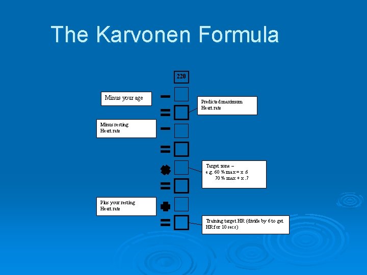 The Karvonen Formula 220 Minus your age Predicted maximum Heart rate Minus resting Heart