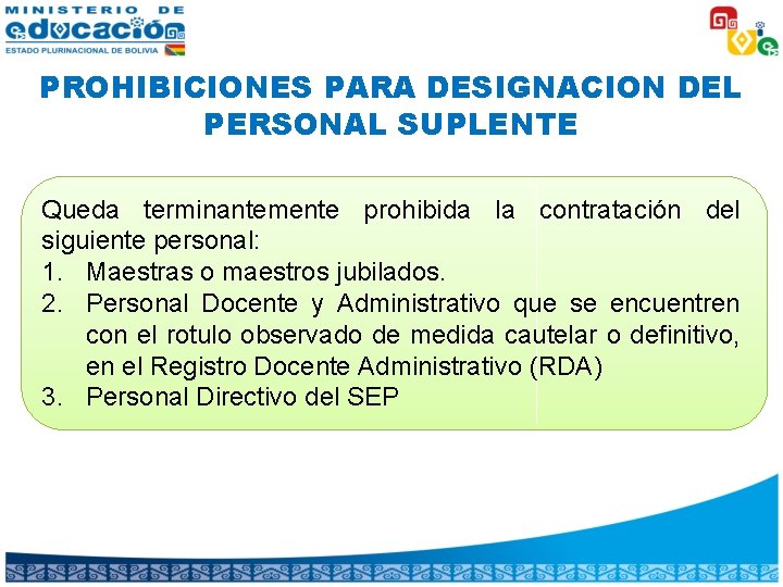 PROHIBICIONES PARA DESIGNACION DEL PERSONAL SUPLENTE Queda terminantemente prohibida la contratación del siguiente personal: