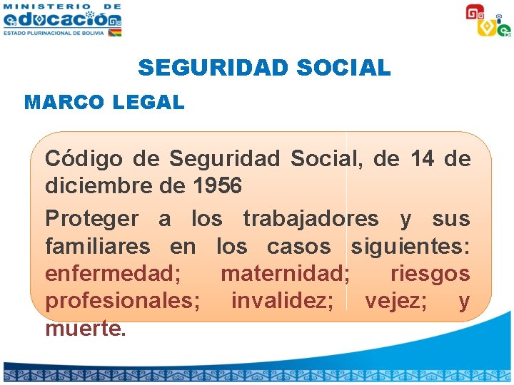 SEGURIDAD SOCIAL MARCO LEGAL Código de Seguridad Social, de 14 de diciembre de 1956