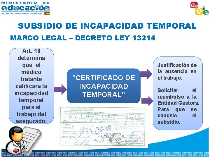SUBSIDIO DE INCAPACIDAD TEMPORAL MARCO LEGAL – DECRETO LEY 13214 Art. 16 determina que