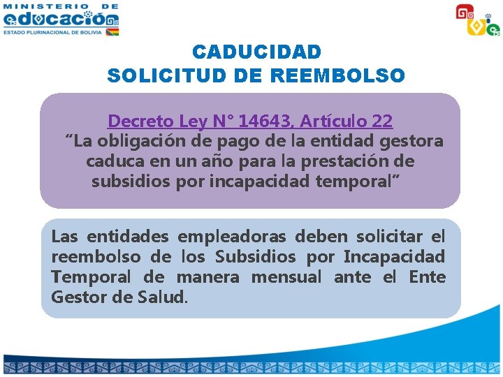 CADUCIDAD SOLICITUD DE REEMBOLSO Decreto Ley N° 14643, Artículo 22 “La obligación de pago